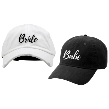 Bride and Babe Hat | Just Married | Wife, | Wedding | Couples | Hubby | Wifey | Party Hat | Bridesmaid | Bachelorette Embroidered Dad Cap